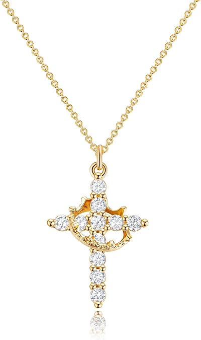 Women's Gifts Upgraded Crown Cross Necklace for Women 14K Gold