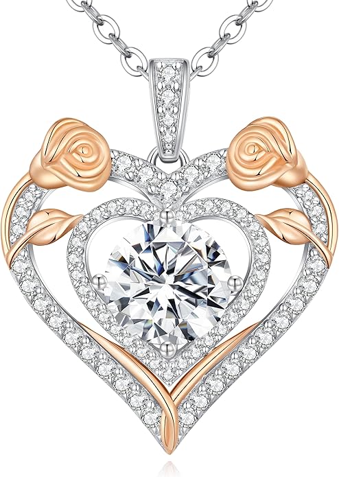 Heart Pendant Necklaces for Women, 925 Sterling Silver Gold Plating Rose Flower Necklace， Anniversary Jewelry Gifts for Wife Mom Her