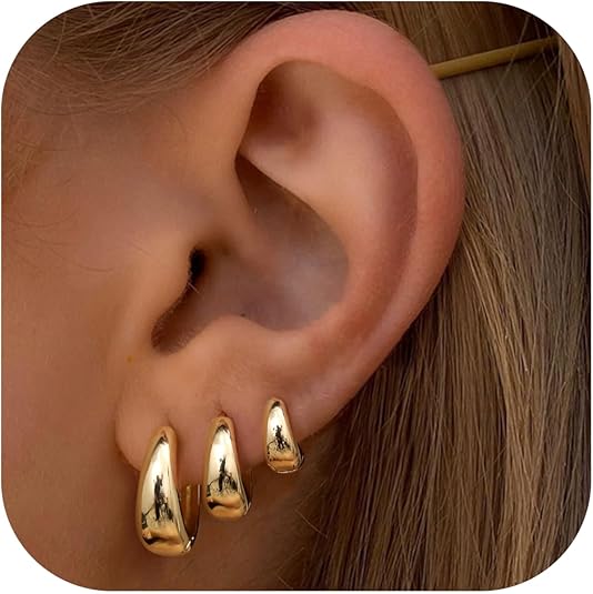 3Pairs Gold Hoop Earrings Set for Women Chunky Gold Silver Earring 14K Gold Filled